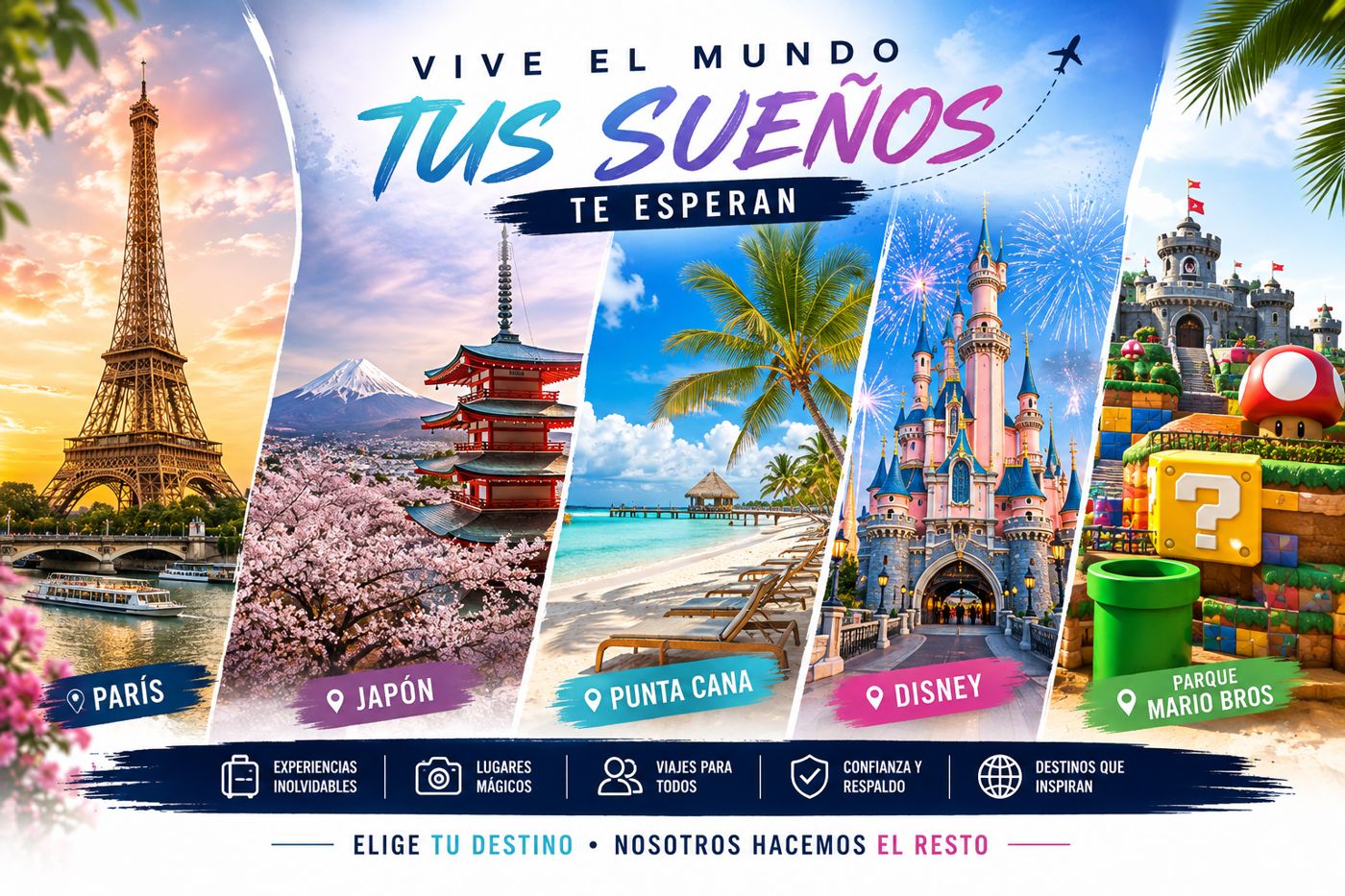 También viajamos contigo más allá del Caribe: París, Japón, Punta Cana, Disney, Parque Mario Bros